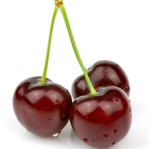Three juicy cherries with stems on a white background, perfect for food and nature concepts.